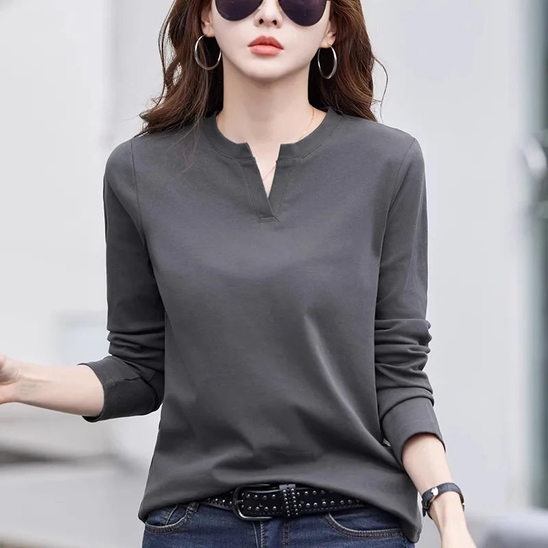 Spring and Autumn All Seasons Women's Long sleeved T-shirt Wine Red Pure Cotton New Fashion Large V-neck Slim fit Casual Top 3XL