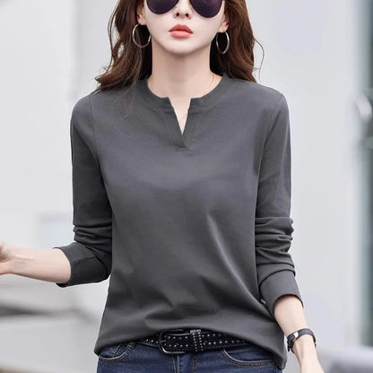 Spring and Autumn All Seasons Women's Long sleeved T-shirt Wine Red Pure Cotton New Fashion Large V-neck Slim fit Casual Top 3XL