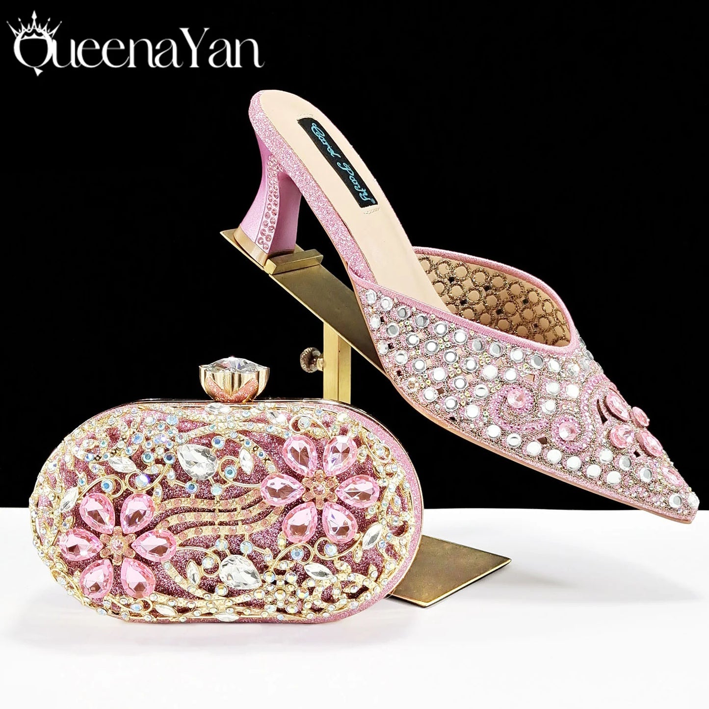 Luxury Pink Rhinestone Party Shoes and Clutch for Women- Elegant Crystal Heels with Matching Evening Bag