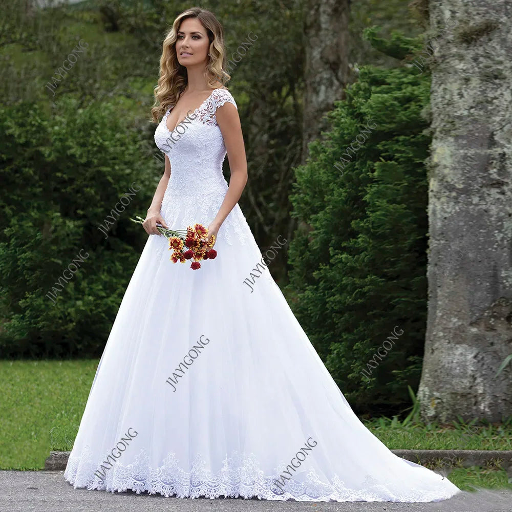 Pure White Wedding Dress for Women Bride Elegant Cap Sleeve V Neck Lace Tulle Robe De Mariee Button A Line Bridal Gown