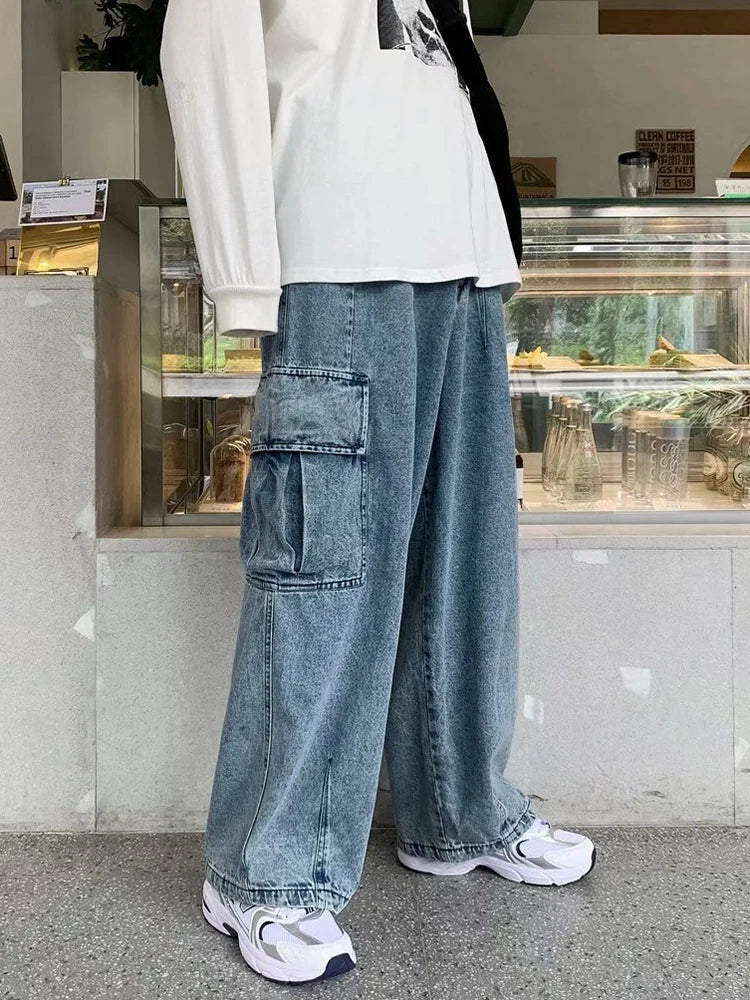 Baggy Jeans Men's Oversize Streetwear Fashion Wide Leg Cargo Pants Hip Hop Harajuku Multi-Pocket Denim Trousers Black Blue