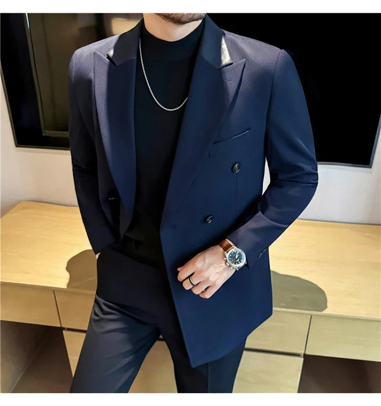 (1 Pcs Jackets) New Thicken Thicken Striped Casual Suit Jacket Fashion Splicing Leather Neck Men's Business Slim Blazers Tuxedos