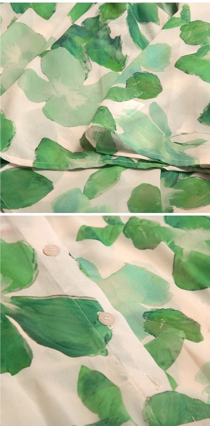 Women's Dress 2025 Spring New Long Sleeve Collar Green Flower Vacation