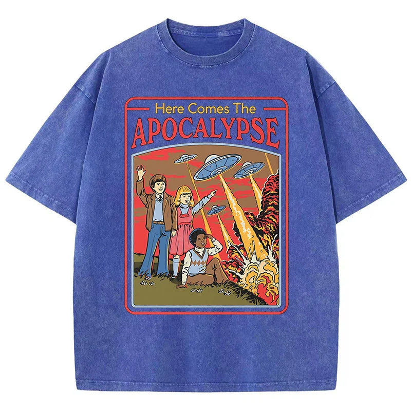 Here Comes The Apocalypse Ufo Washed Retro Men Clothing Oversized Quality Streetwear Fashion Cotton Tops Casual Loose T-Shirt