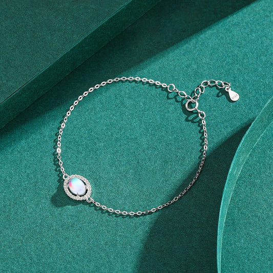 Véritable Bracelet Chaîne Élégant en Argent Sterling 925 de Luxe avec Pierre de Lune Naturelle Ovale pour Femme, Bijou Fin Romantique et Simple