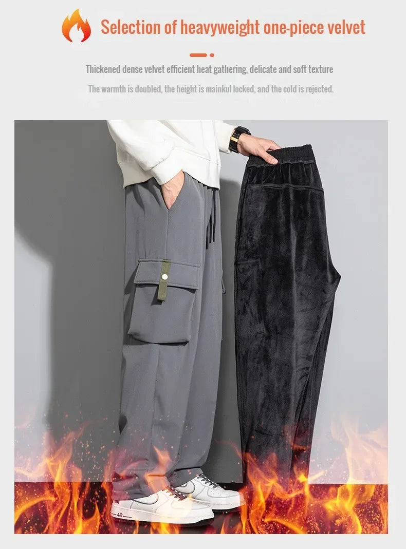 2026 Cargo Pants Men Straight Fit Wide Leg Fleece Lined Trouser Male Winter Fashion Loose Baggy Large Plus Size Warm Streetwear