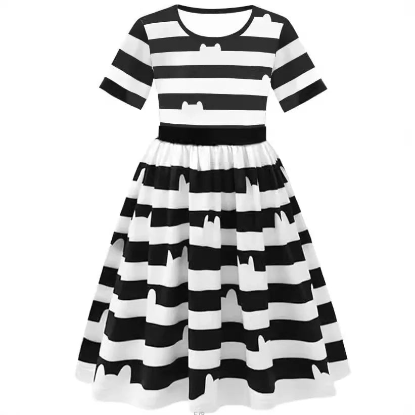 Carnival Party Children Black And White Stripe T-Shirt+Skirt+Bag Sets Kids Cartoon Cats Cosplay Costume Party Outfits 4-8Y