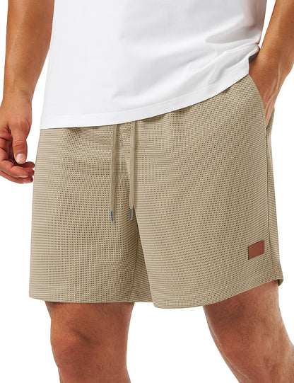 Men's Casual Waflle Shorts Knit 5'' Elastic Waist Drawstring Summer Beach Shorts Lightweight Breathable Streetwear 2026