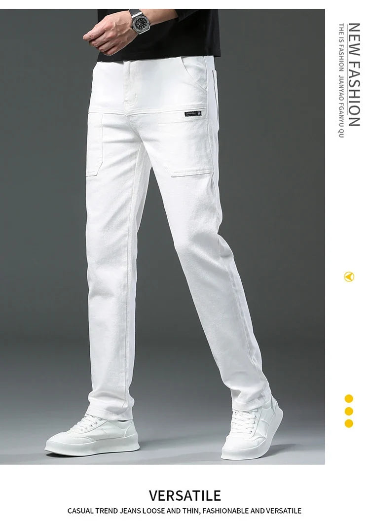 Spring and Autumn Men's Multi-Pocket Design Jeans Fashionable and Versatile White Khaki Red Comfortable Stretch Denim Pants