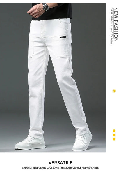 Spring and Autumn Men's Multi-Pocket Design Jeans Fashionable and Versatile White Khaki Red Comfortable Stretch Denim Pants