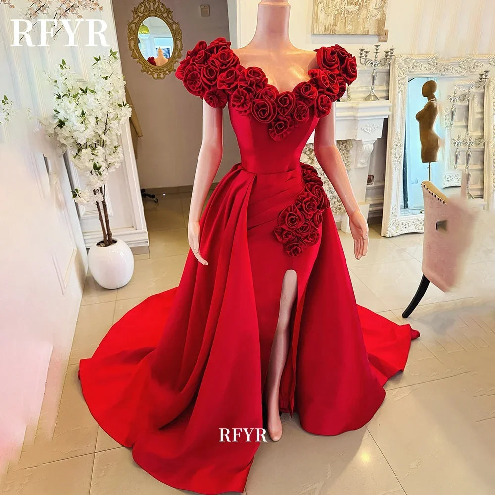 RFYR Off Shoulder Evening Dress A-Line Prom Dress 3D Flowers Embroidery Satin High Slit Celebrity Gala Dresses Customized