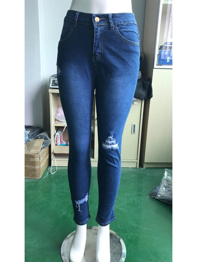 2024 Women Stretch Skinny Ripped Jeans Lady High Waist Pencil Long Pants Narrow Straight Leg Wrap Hips Plus Size S-3XL Trousers