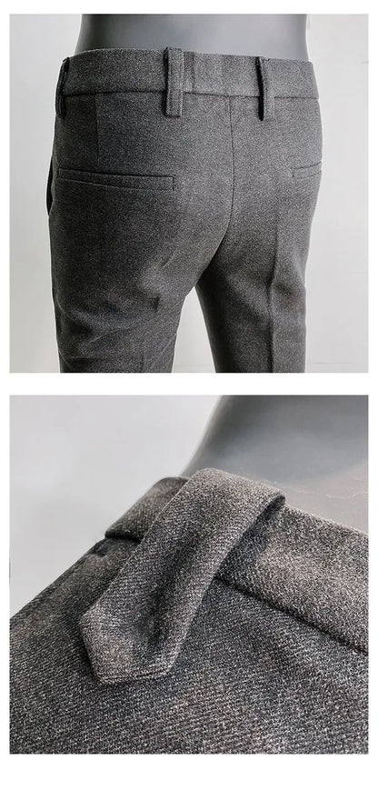 Autumn Winter Thickened Woolen Men Suit Pants New Solid Keep Warm Casual Slim Straight Pant Business Office Social Dress Pants