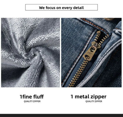 Winter Warm Men's Jeans Fleece Thickened Elastic Smoke Gray Black Business Straight Casual Denim Pants Brand Man PlushClothes