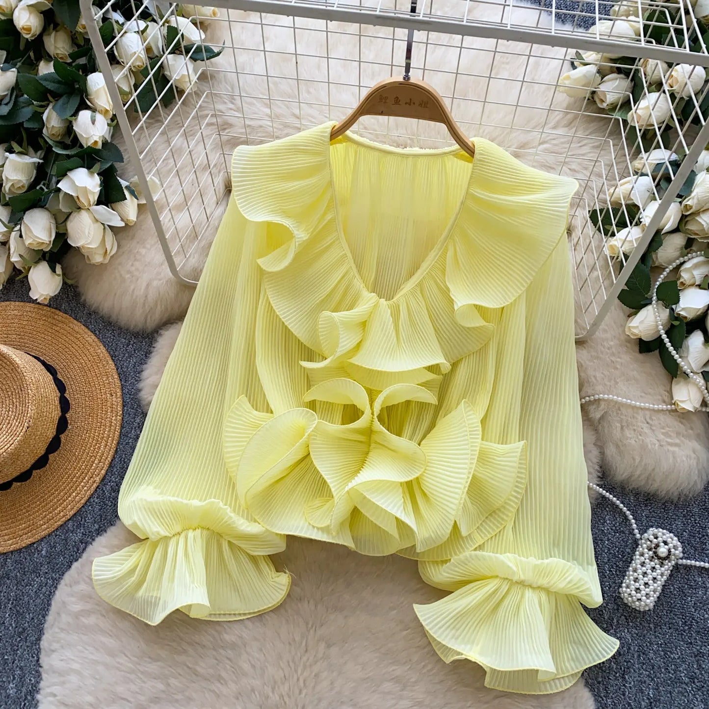 Ruffles Pleated Romantic Tops Thin Spring Summer V Neck French Elegant Blouse Fairycore Flowy Office Lady Luxury Shirt