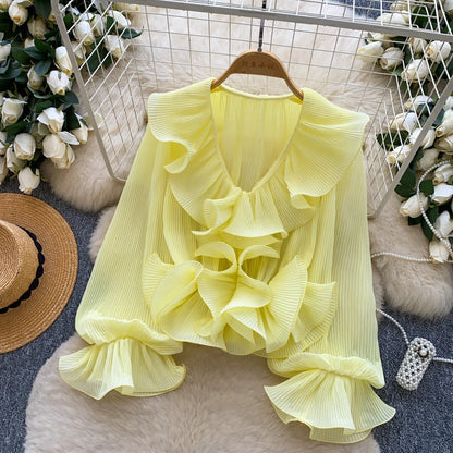 Ruffles Pleated Romantic Tops Thin Spring Summer V Neck French Elegant Blouse Fairycore Flowy Office Lady Luxury Shirt