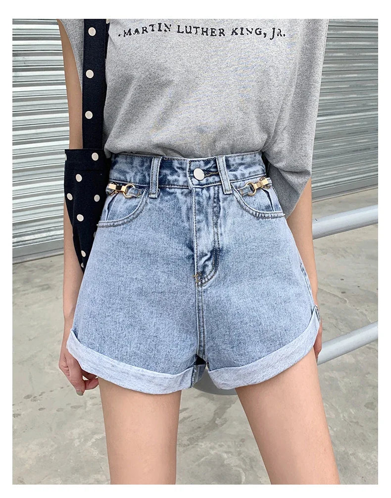 Summer 2024 Denim Shorts Women High Waisted Wide Leg Loose Crimping Blue Jeans Sequined Jean Shorts Female