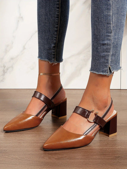 Women's Pointed Toe Block High Heel Sandals, Fashion Solid Color Slingback Shoes, Versatile Mid Heels