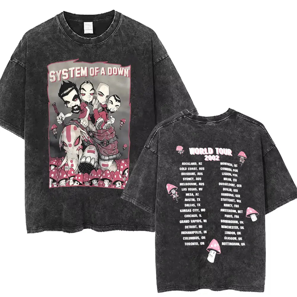 Washed Vintage System of A Down Tshirt Men Women Cotton Quality Short Sleeve Tees Male Rock Music Band Cartoon Graphic T Shirts