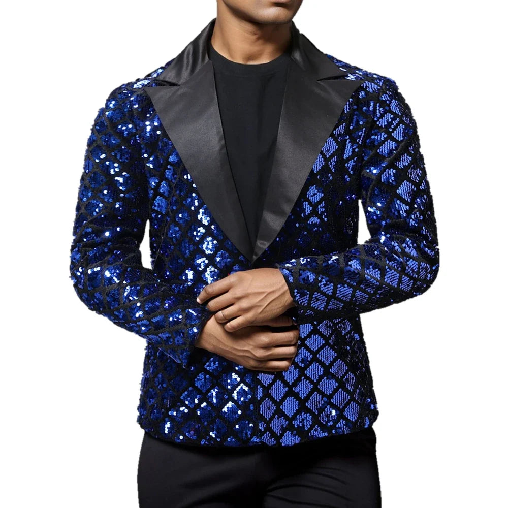 Men's Gold Suit Jacket, Wedding Party Dress Coat, Silver Blue Black Round Metallic Sequin Decoration Blazers.