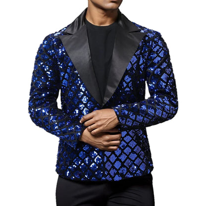 Men's Gold Suit Jacket, Wedding Party Dress Coat, Silver Blue Black Round Metallic Sequin Decoration Blazers.