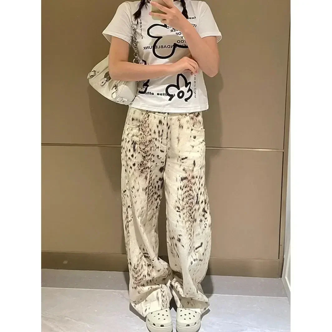 Harajuku Casual Style Jeans Leopard Print Vintage High Waist Loose Street Pants Women's Y2K Wide Leg Punk Baggy Denim Trouser
