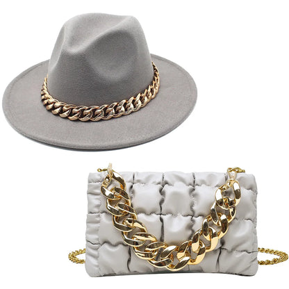 Hat For Women Autumn Winter New Party Jazz Fedora Hats With Fashion Luxury Oversized Chain Accessory Bag Two-piece Set