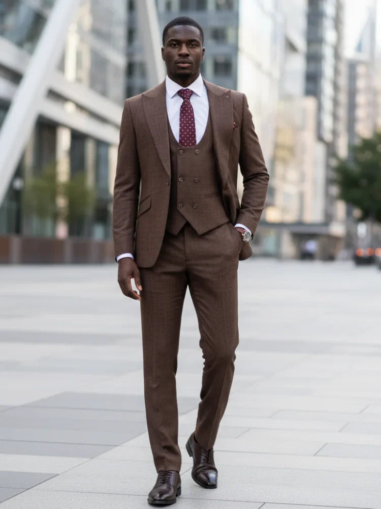 High Quality Men's Suit Brown 3 Pcs Set Slim Fit Male Groom Wedding Blazers Party Dress Suit Business Office