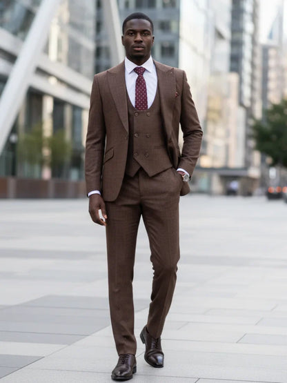 High Quality Men's Suit Brown 3 Pcs Set Slim Fit Male Groom Wedding Blazers Party Dress Suit Business Office