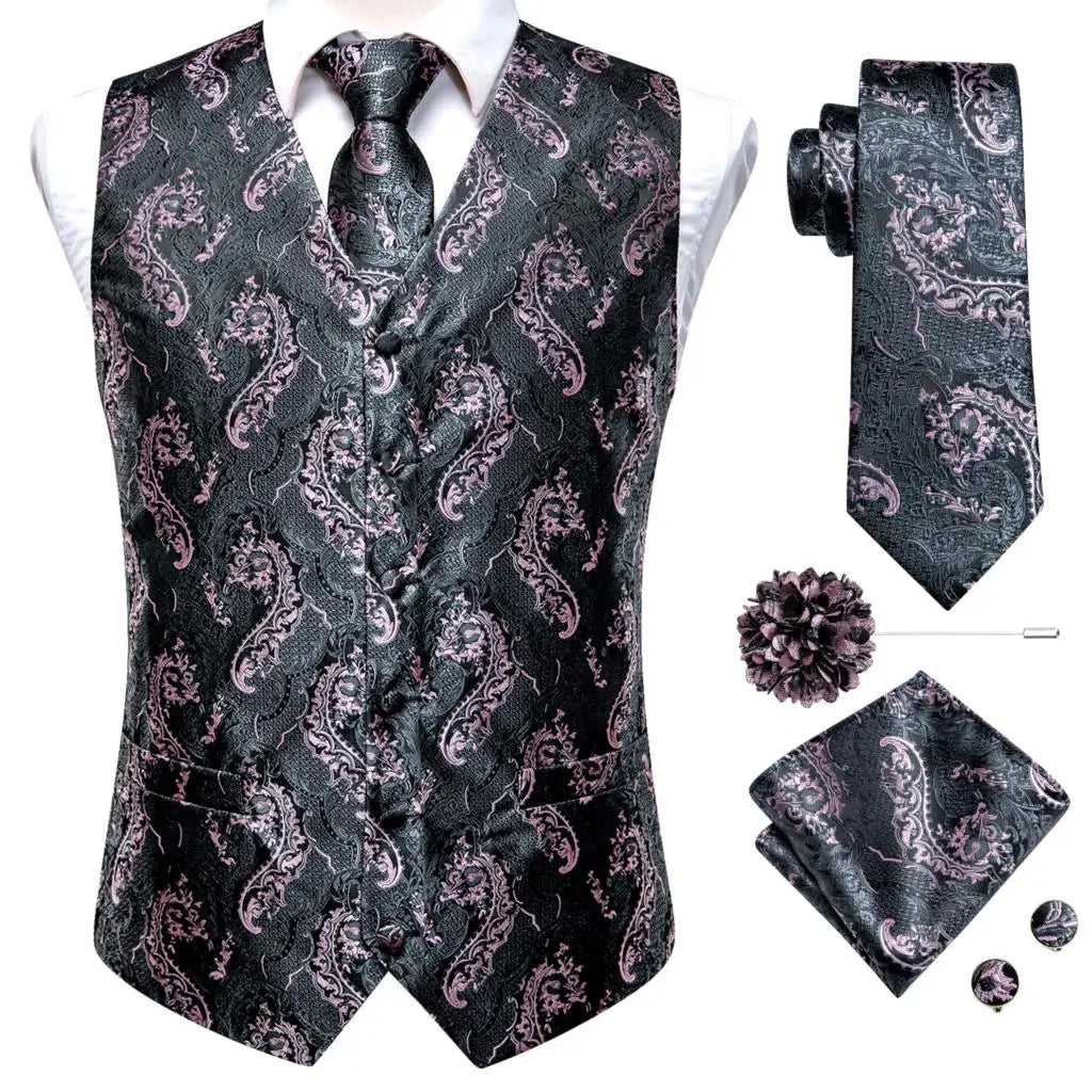 High Quality Silk Mens Vests Pink Gray Floral Waistcoat Tie Hanky Cufflinks Brooch Set for Men Suit Wedding Office Gift