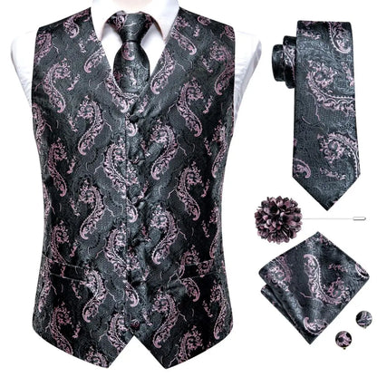 High Quality Silk Mens Vests Pink Gray Floral Waistcoat Tie Hanky Cufflinks Brooch Set for Men Suit Wedding Office Gift