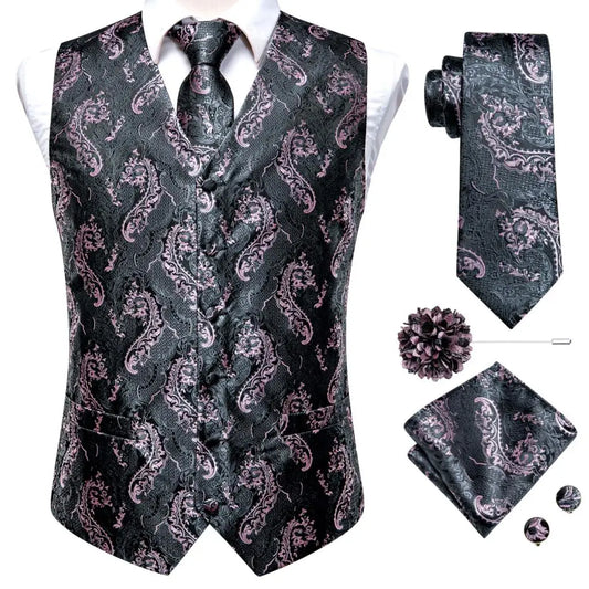 High Quality Silk Mens Vests Pink Gray Floral Waistcoat Tie Hanky Cufflinks Brooch Set for Men Suit Wedding Office Gift
