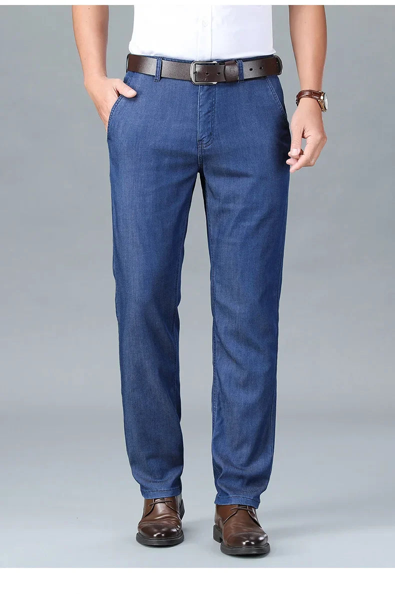 2026 New Spring Men's Light Blue Stretch Straight Jeans Business Casual Denim Pants Modal Fabric Trousers Male Brand