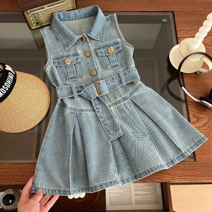 Summer New Girls Denim Dress Belt Decoration Lapel Collar Sleeveless Tutu Princess Dress For 2 -10 Years Kids Fashion Dress