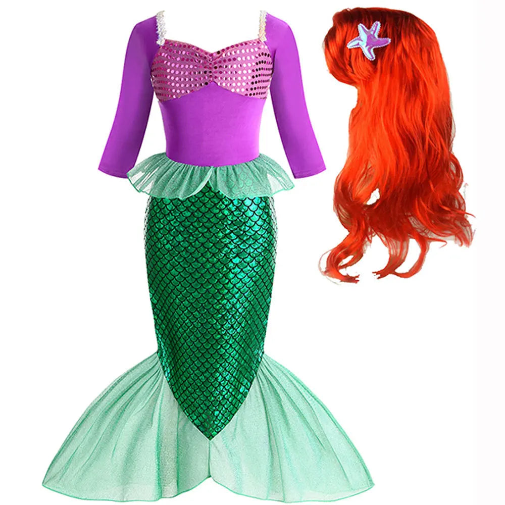 Christmas Holiday Birthday Party Mermaid Princess Same Style Girl Ariel Cosplay Long Sleeve Mermaid Dress Accessory Suit