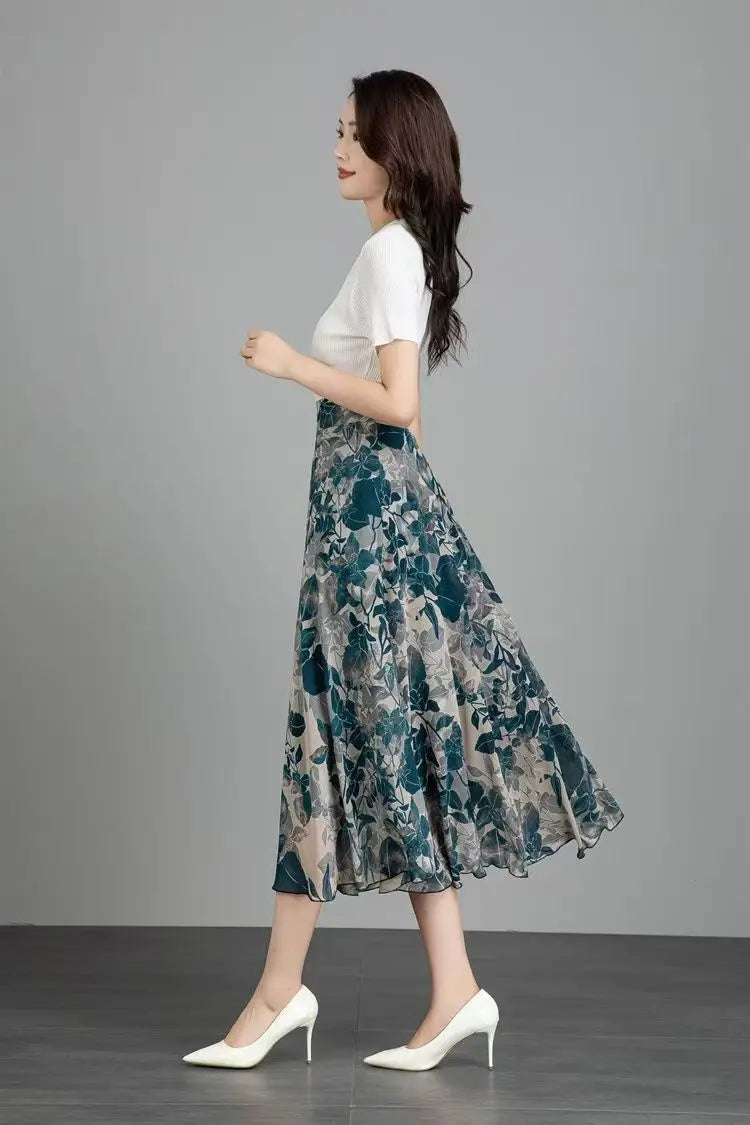 Women's Floral Print Chiffon Maxi Skirt High Waist A-line Casual Summer Skirt