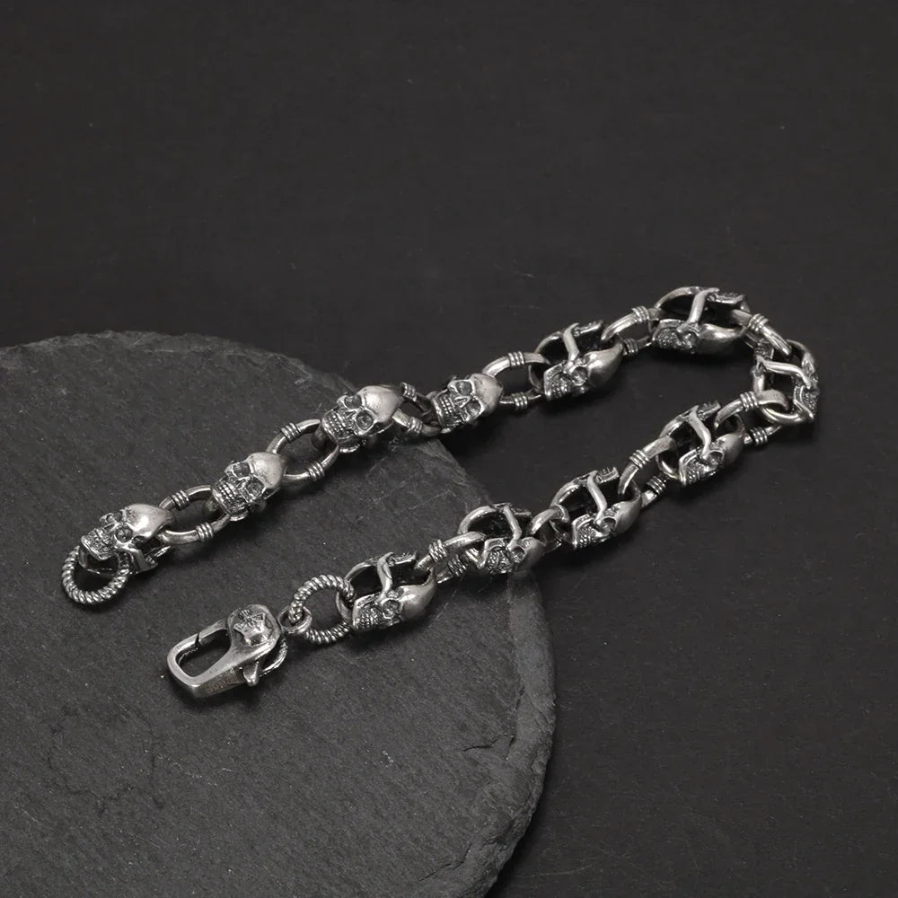 Real 925 Sterling Silver Skull Chain Bracelet for Men and Women Gothic Domineering Street Rock Jewelry Gift