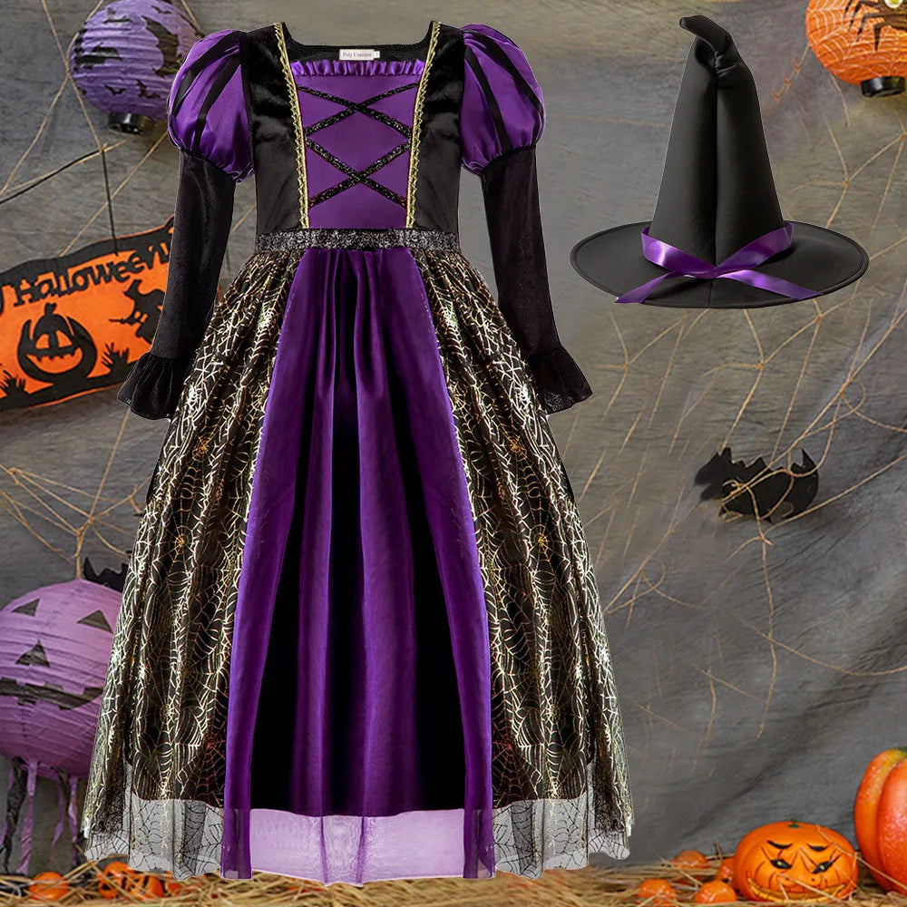 2025 Halloween Easter Festive Party Girl Cosplay Classic Witch Purple Print Long Sleeve Dress Evil Horror Set Baby Birthday Gift