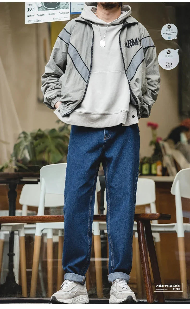 Men Vintage Washed Denim Jeans 12.8 OZ Straight Dark Blue Loose Casual Wide Leg Pants Male Streetwear Blue Jeans Trousers