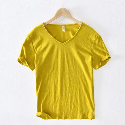 100% Cotton Short Sleeve V-Neck T Shirt Men Solid White Men T-Shirt Summer Comfortable and Breathable Soft Tshirt Mens Camiseta
