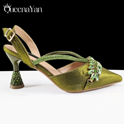 2026 New Shiny Italian Fashion Pointed Toe Women Heel Fashion Rhinestone Decoration Pink Color Shoes And Bag Set