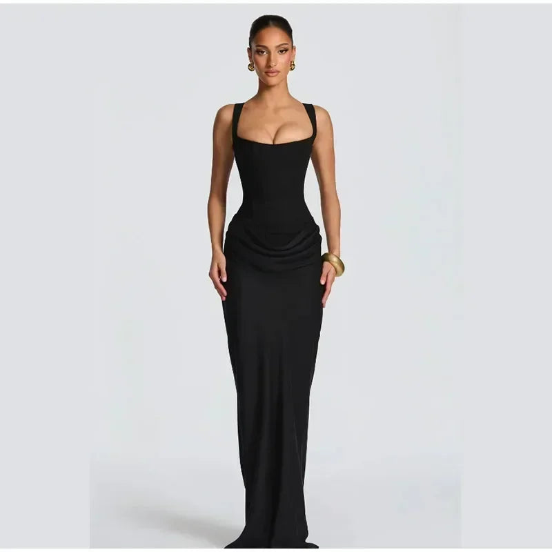 Sexy Square-neck Halter Long Dress Women 2025 Pleated Sleeveless Backless High Waist Bodycon Dresses New Summer Lady Party Gowns
