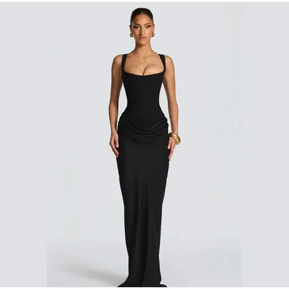 Sexy Square-neck Halter Long Dress Women 2025 Pleated Sleeveless Backless High Waist Bodycon Dresses New Summer Lady Party Gowns