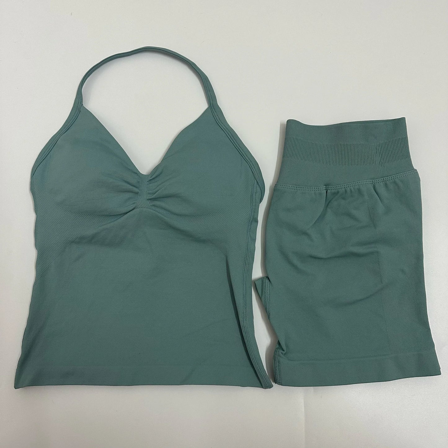 Women Yoga Set Seamless Yoga Longline Strappy Tank Top Scrunch Sports Shorts Gym Clothes Woman Summer Workout Outfit