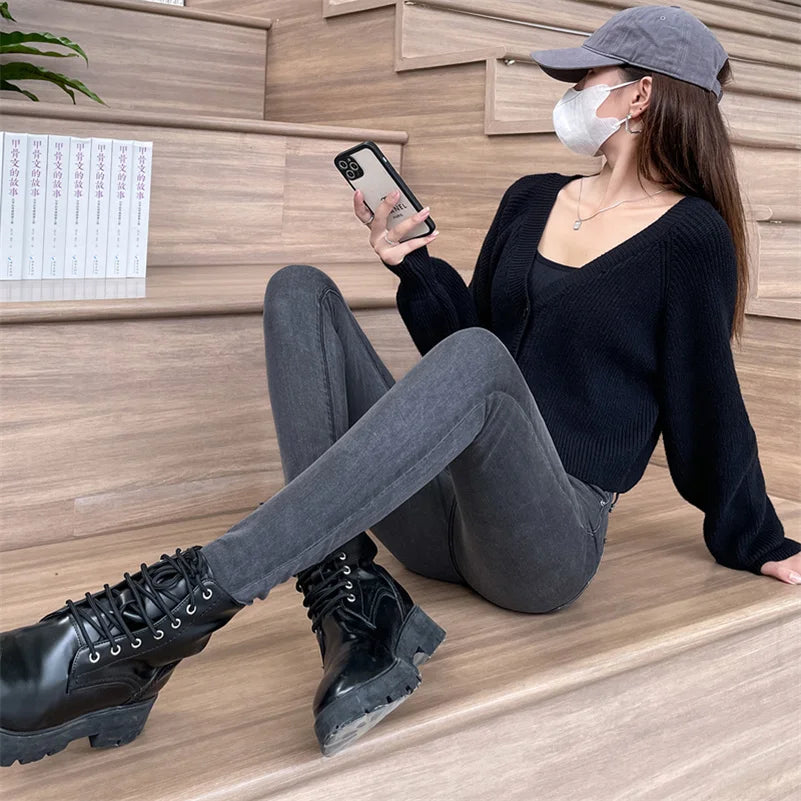 Women Stretch Jeans Lady Slim Skinny Pencil Jeans High Waist Vintage Pants Girls Leggings Straight Leg Korea Fashion Trousers