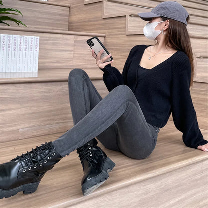 Women Stretch Jeans Lady Slim Skinny Pencil Jeans High Waist Vintage Pants Girls Leggings Straight Leg Korea Fashion Trousers