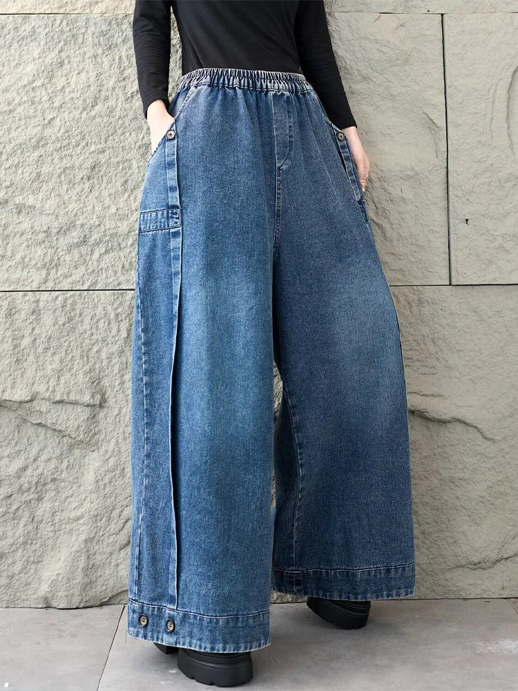 2026 Spring Fashion Classic Denim Pants Ladies Vintage Soild Casual Jeans Women Loose Elastic Waist Wide Leg Trousers