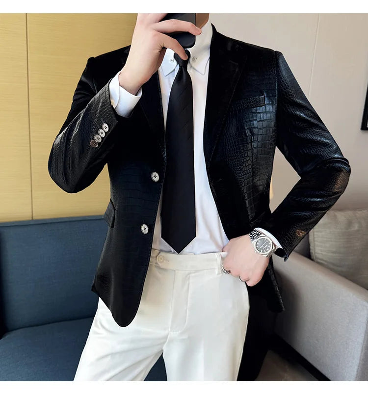 New High Quality Crocodile Stripe Slim Fit Leather Jacket Classic Business Casual Slim Fit Men Blazer Tuxedos Men Clothing 4XL-M