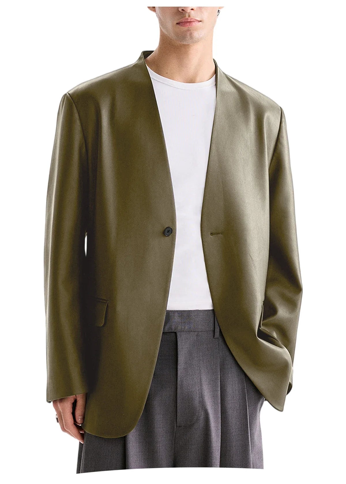 Luxury Men's PU Leather Blazer Collarless Jacket Loose 1 Button Elegant Solid Color Coat for Party Wedding Office Daily Wear