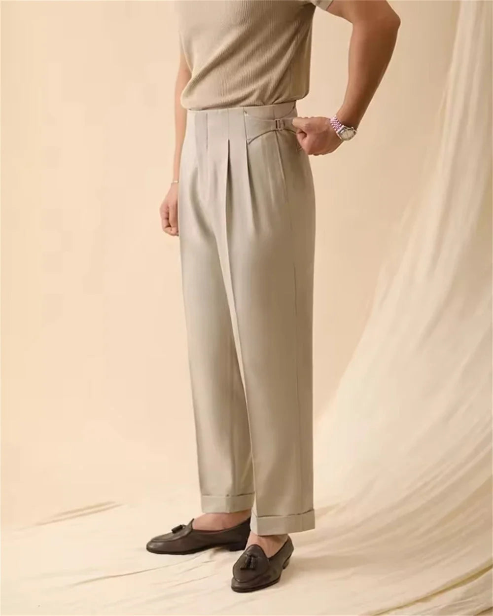 New Men's Summer Straight Pants Paris Button Non Ironing Loose Fitting Business Naples Casual Pants High Waisted Office Trousers